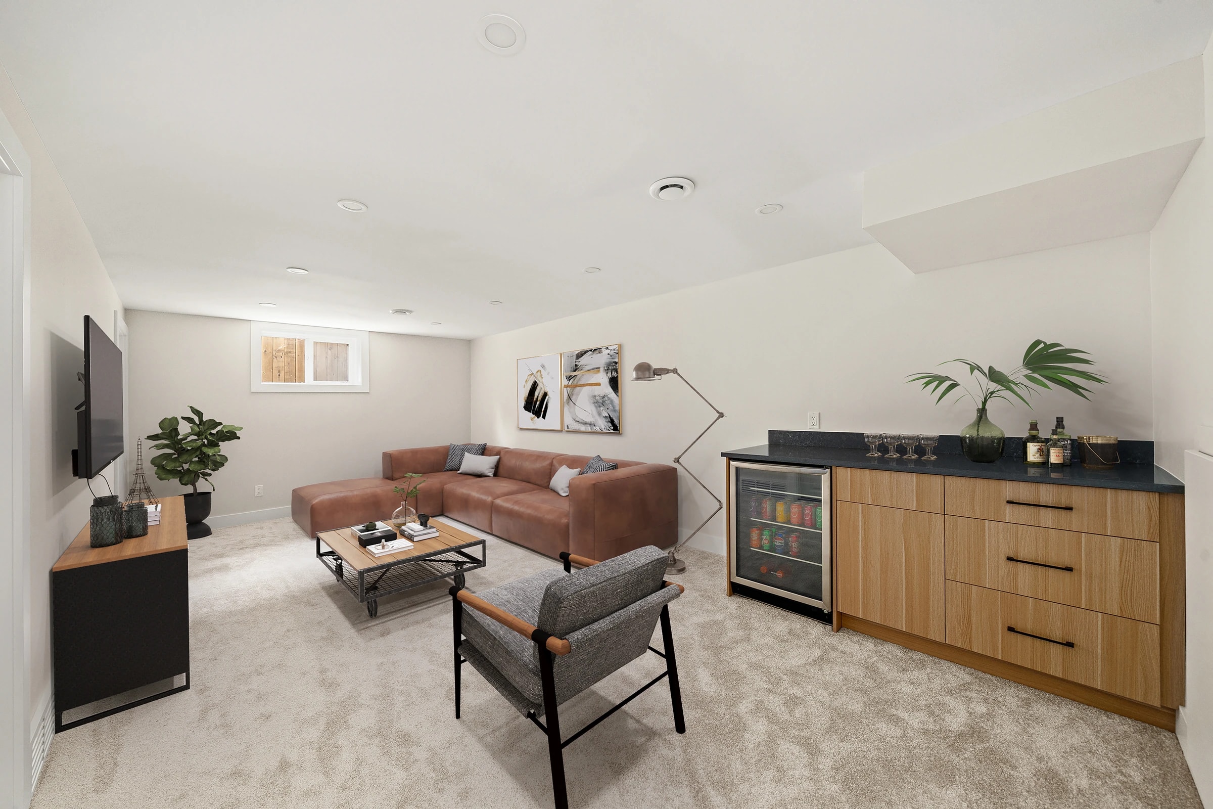 Virtually staged basement rec room with a leather sofa and wet bar
