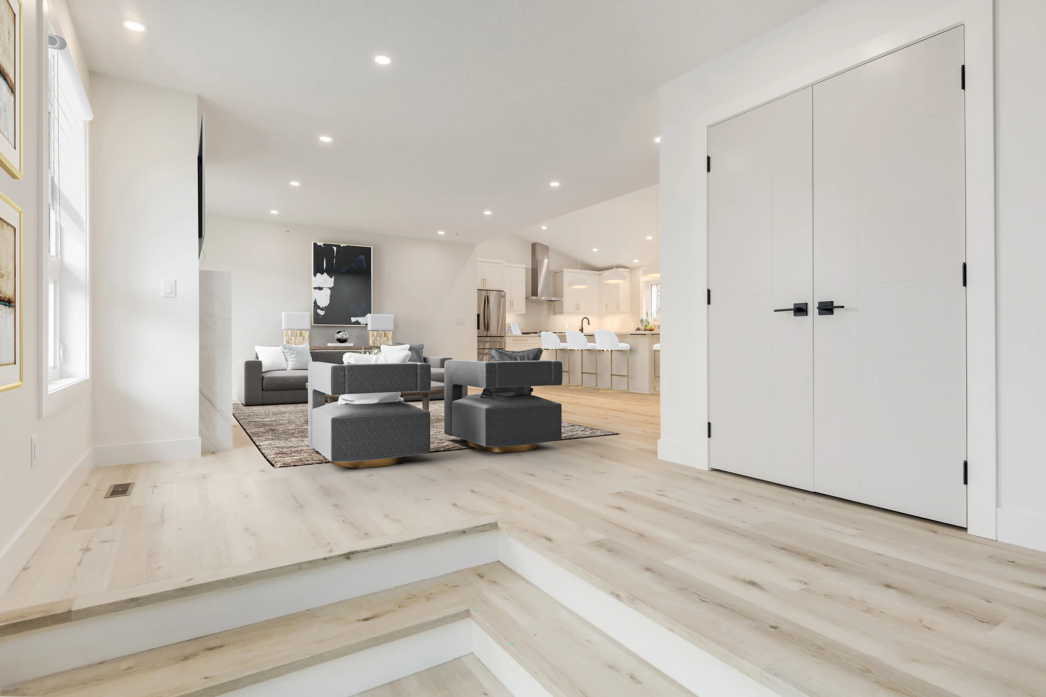 Virtually staged open-concept living room with a view through to the kitchen