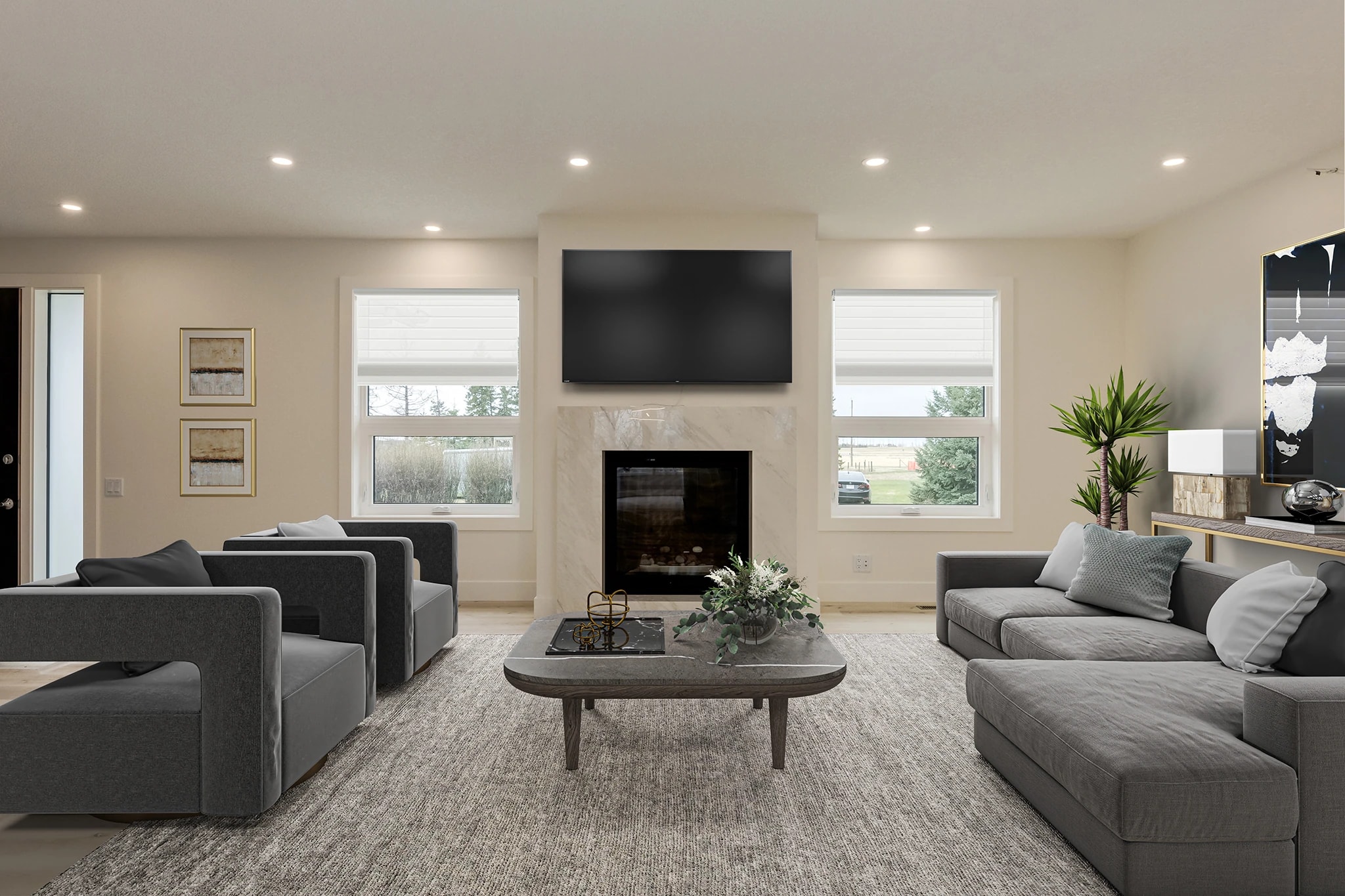 Staged living room with a gas fireplace, media wall, and gray sectional