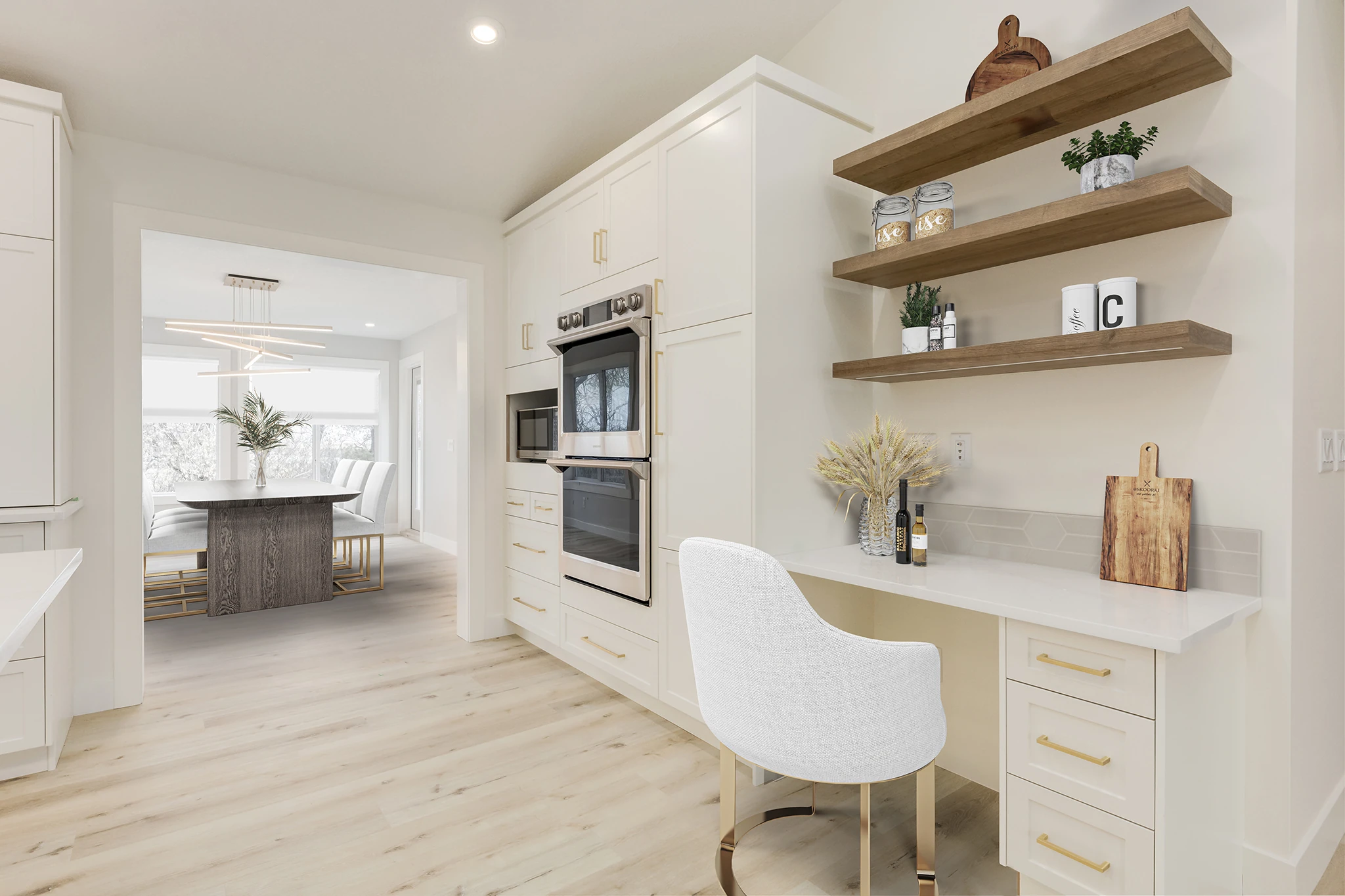 Built-in desk nook with floating wood shelves off the kitchen hallway